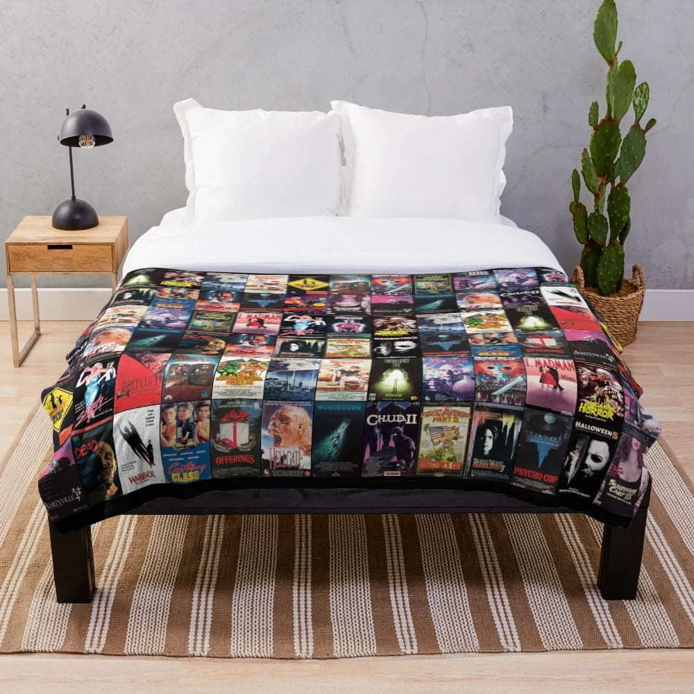 Retro horror-themed plush blanket featuring 1980s VHS-style artwork