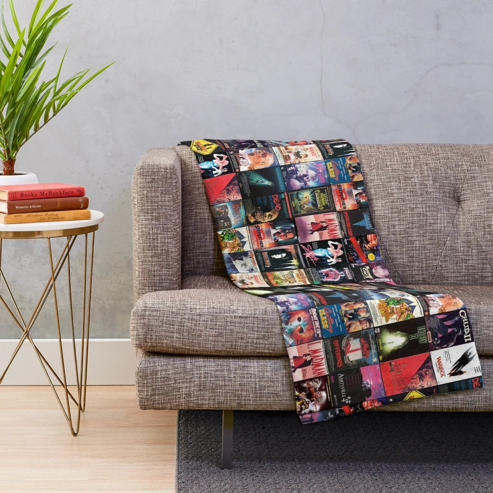 Retro horror-themed plush blanket featuring 1980s VHS-style artwork