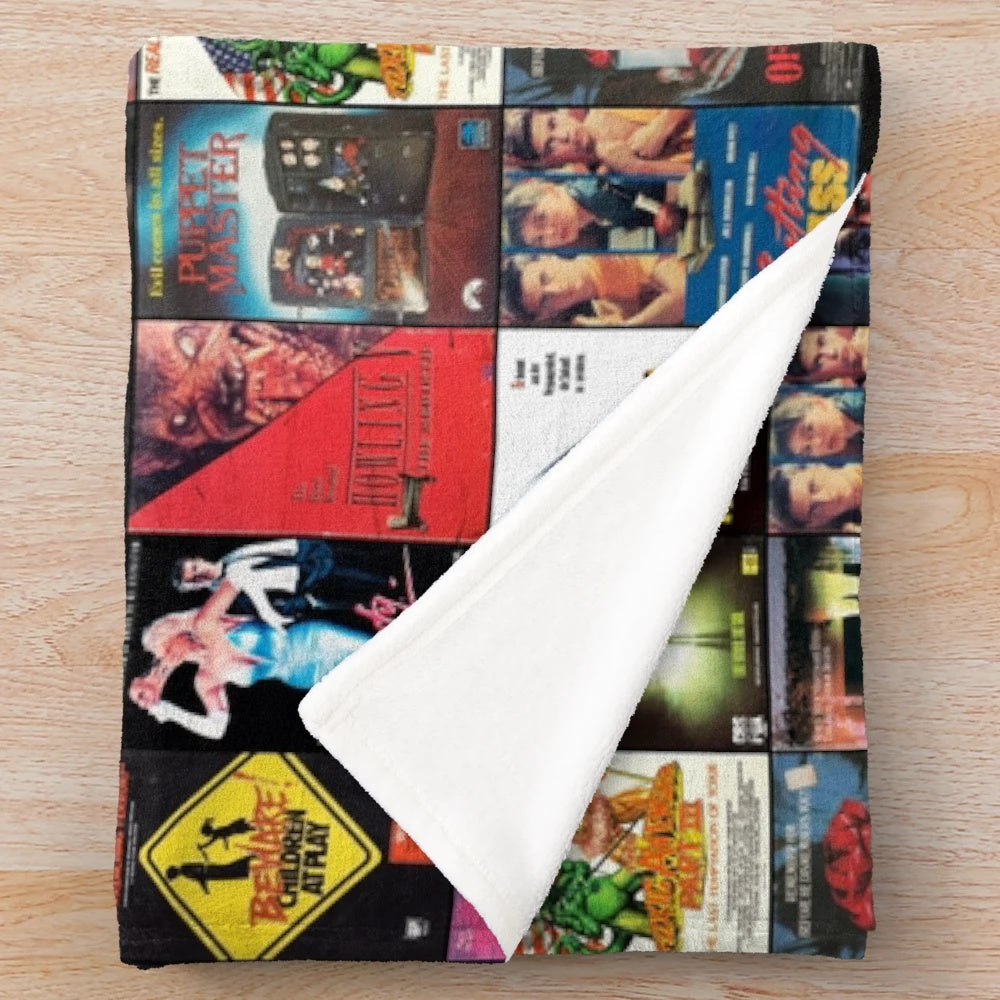 Retro horror-themed plush blanket featuring 1980s VHS-style artwork