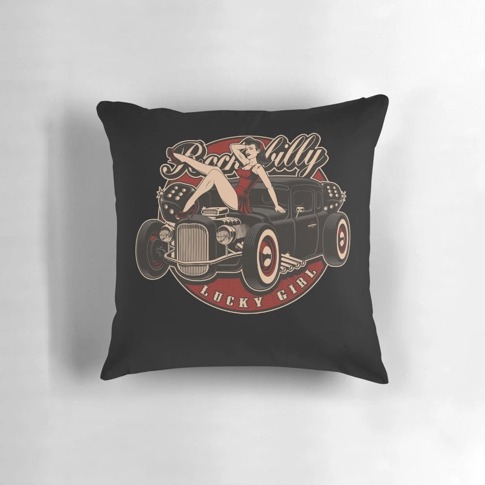 Retro Hot Rod Classic Rockabilly Lucky Girl Throw Pillow