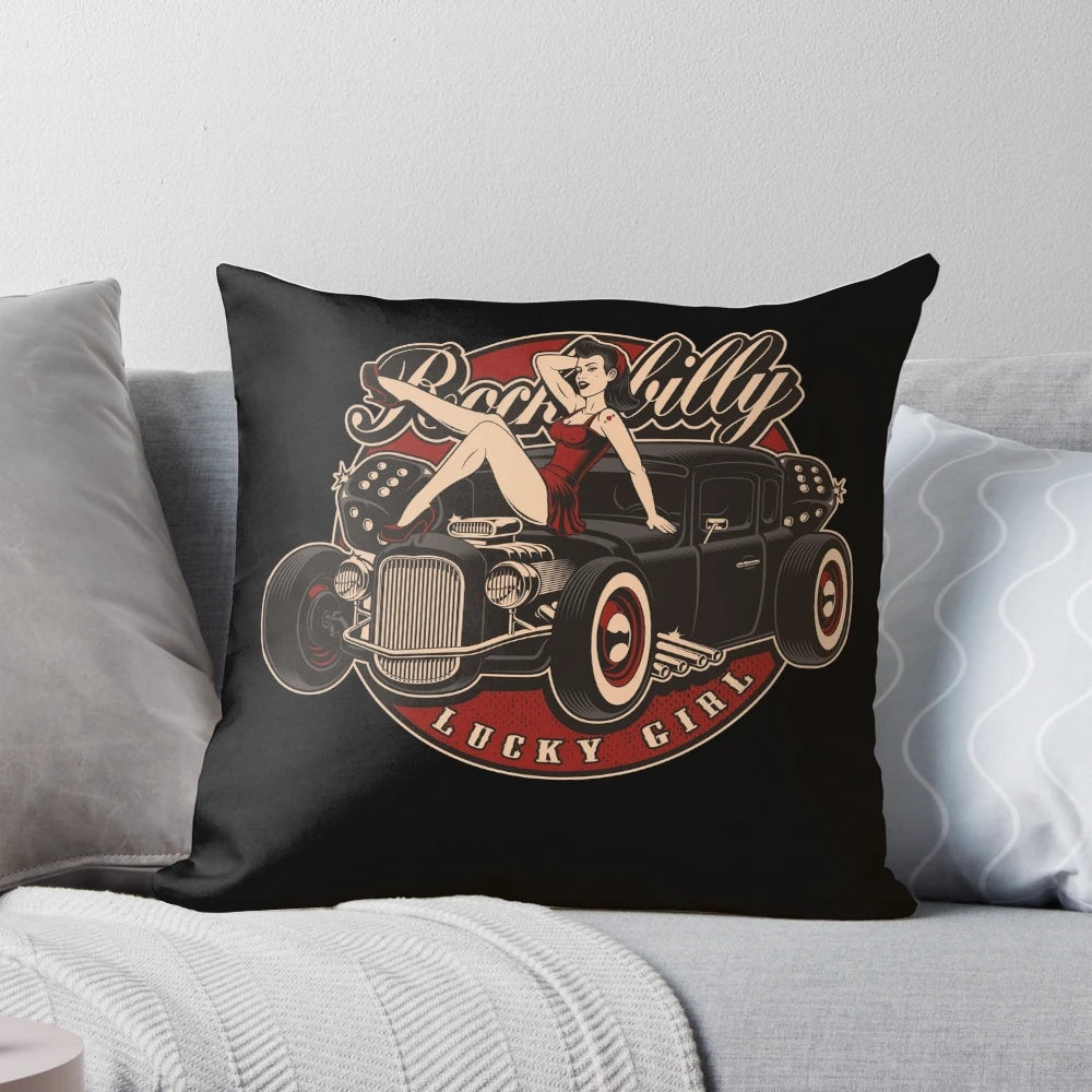 Retro Hot Rod Classic Rockabilly Lucky Girl Throw Pillow