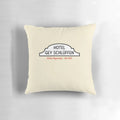 Vintage-style Hotel Gey Schlüffen pillow, featuring iconic German comedy imagery