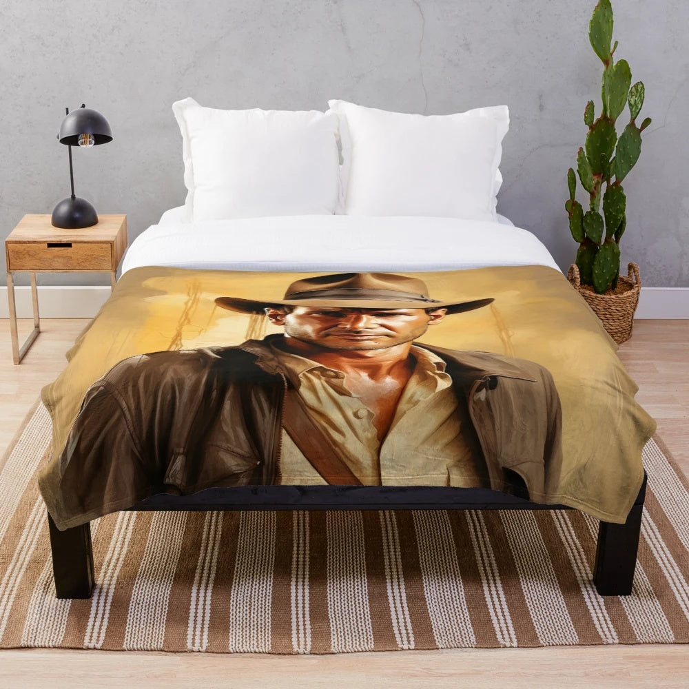 Indiana Jones inspired plush blanket with vintage movie art design