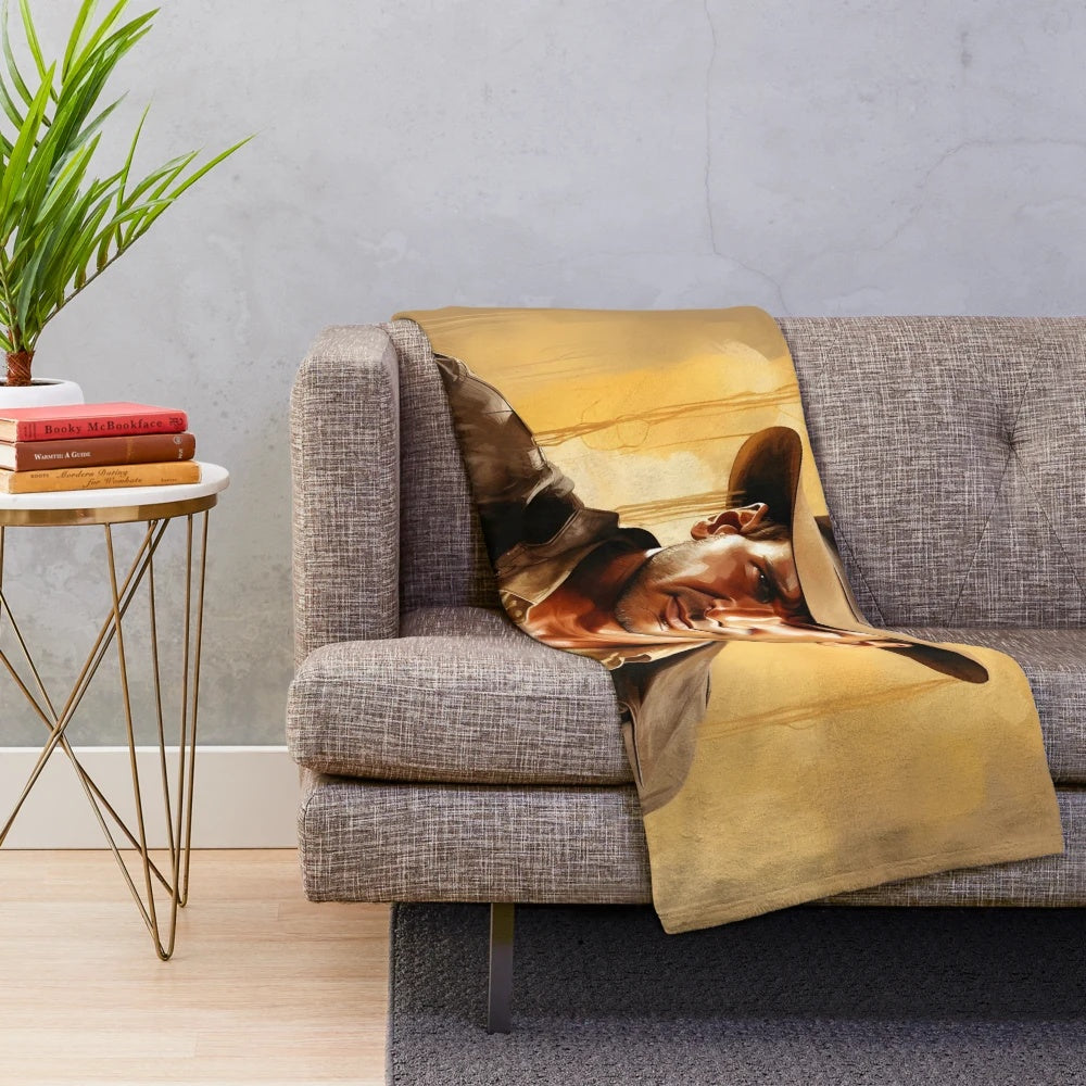 Indiana Jones inspired plush blanket with vintage movie art design