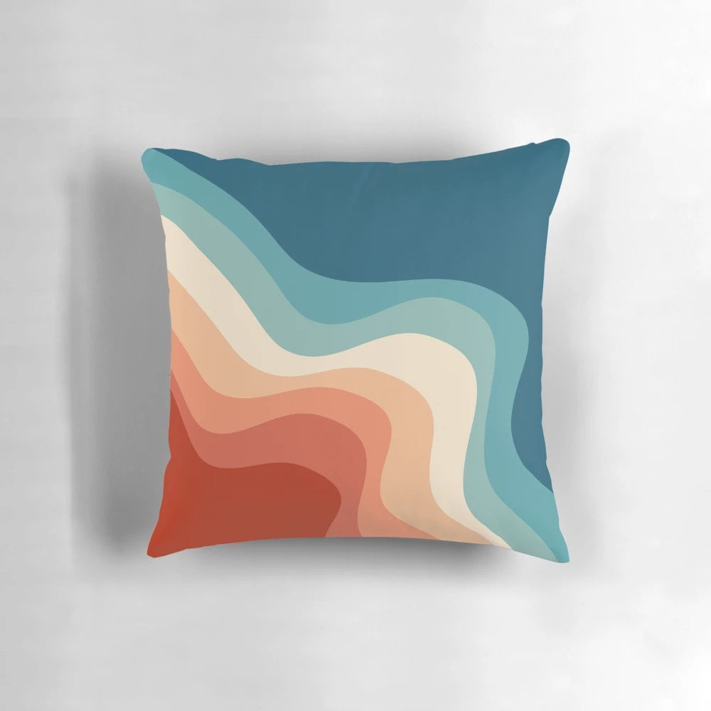 Retro-inspired abstract geometric striped pillow in colorful design