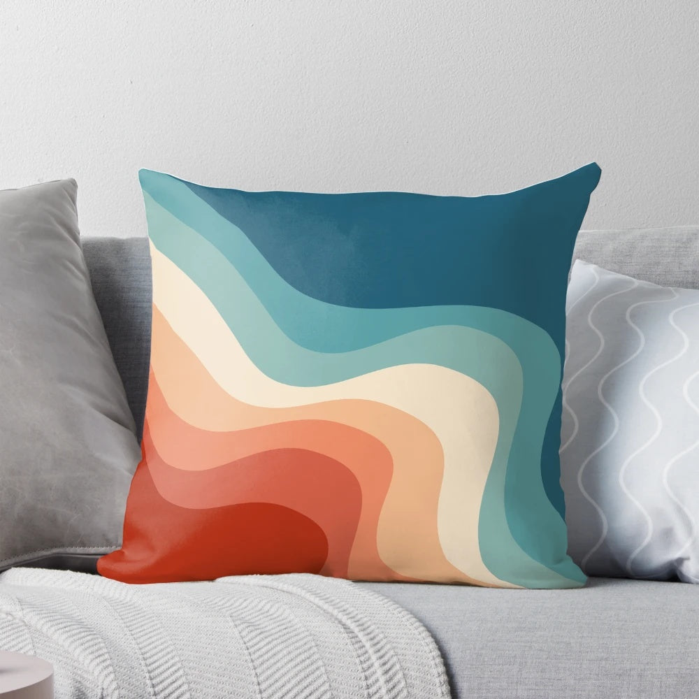Retro-inspired abstract geometric striped pillow in colorful design