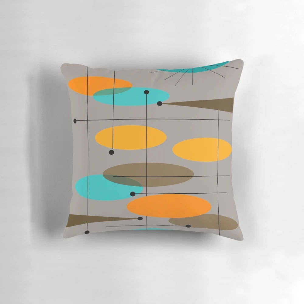 Vibrant abstract ovals design throw pillow with a mid-century modern inspired aesthetic