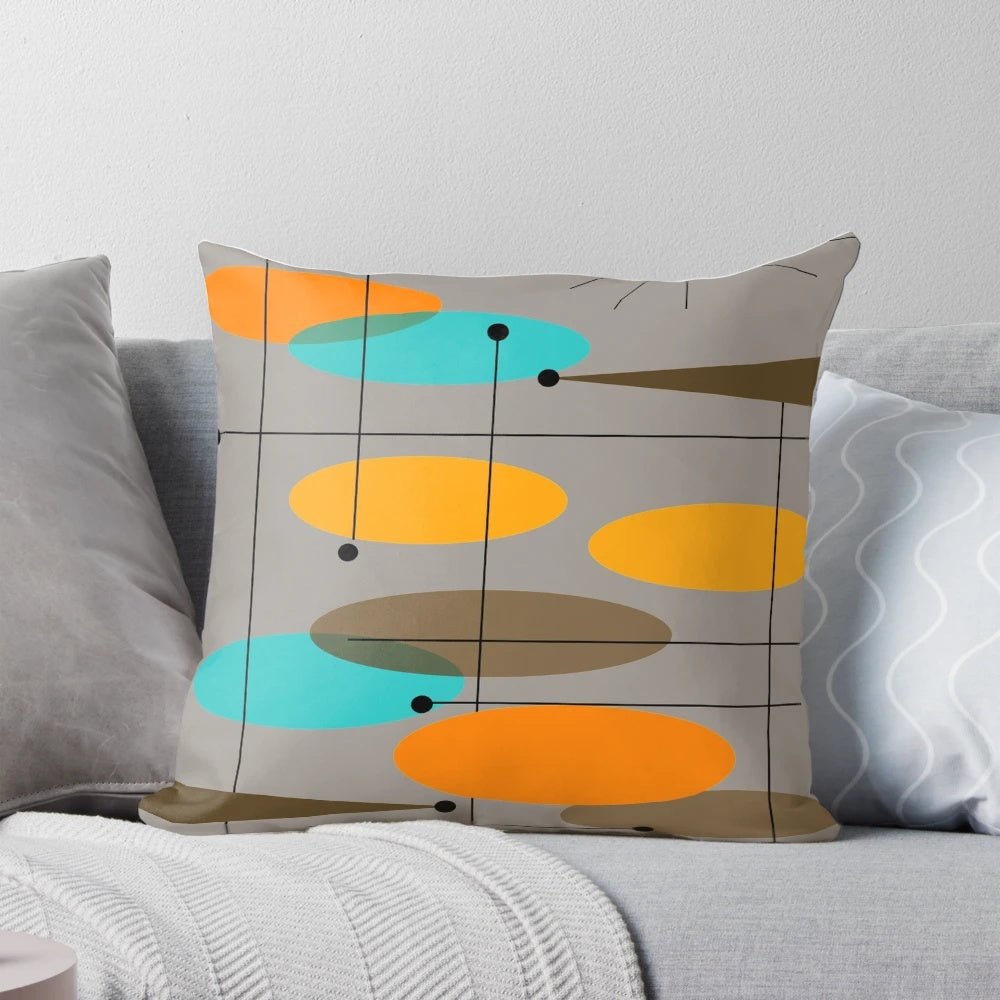 Vibrant abstract ovals design throw pillow with a mid-century modern inspired aesthetic