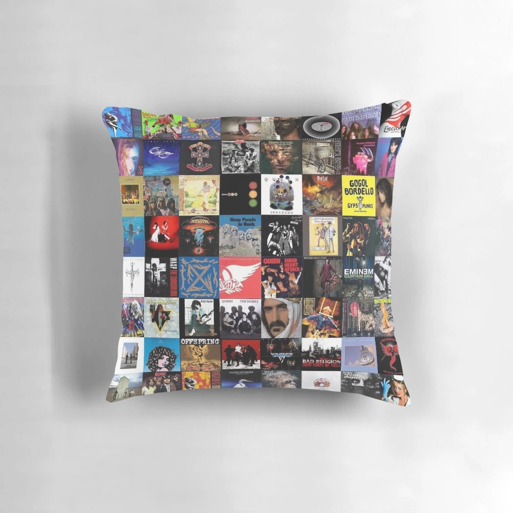 Vintage inspired collage design featuring album covers and music elements on a decorative pillow
