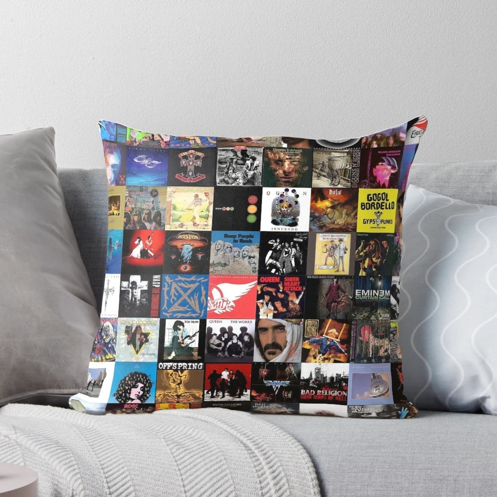 Vintage inspired collage design featuring album covers and music elements on a decorative pillow