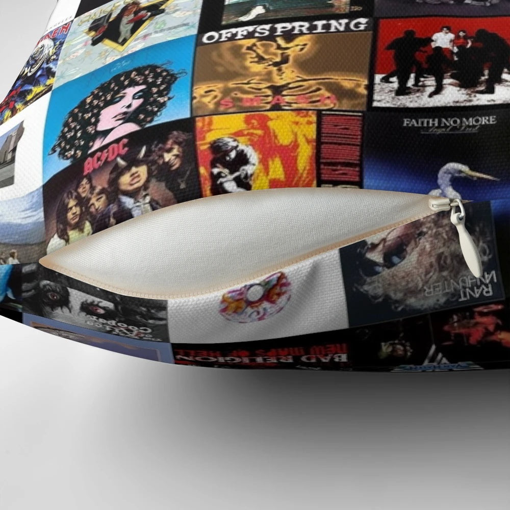 Vintage inspired collage design featuring album covers and music elements on a decorative pillow