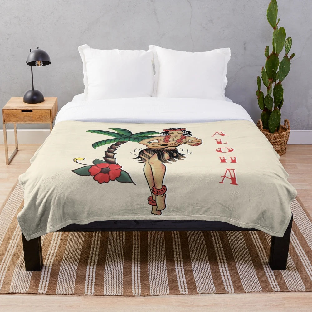 Plush blanket featuring a retro-style illustration of a hula girl in a tropical Hawaiian setting