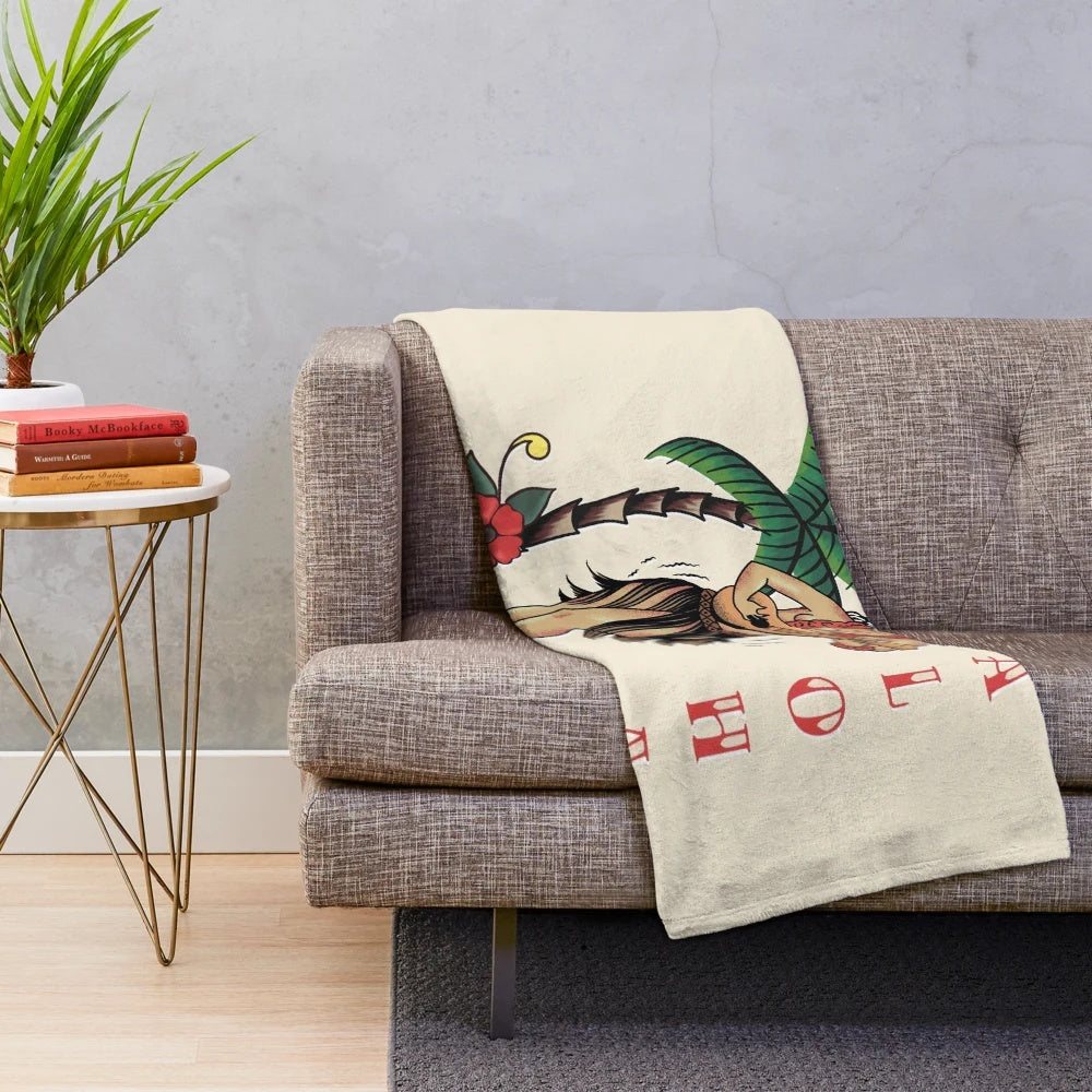 Plush blanket featuring a retro-style illustration of a hula girl in a tropical Hawaiian setting