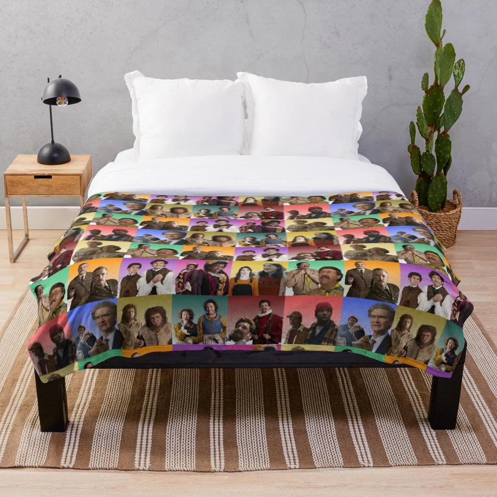 BBC Ghosts retro-inspired plush blanket featuring nostalgic character portraits