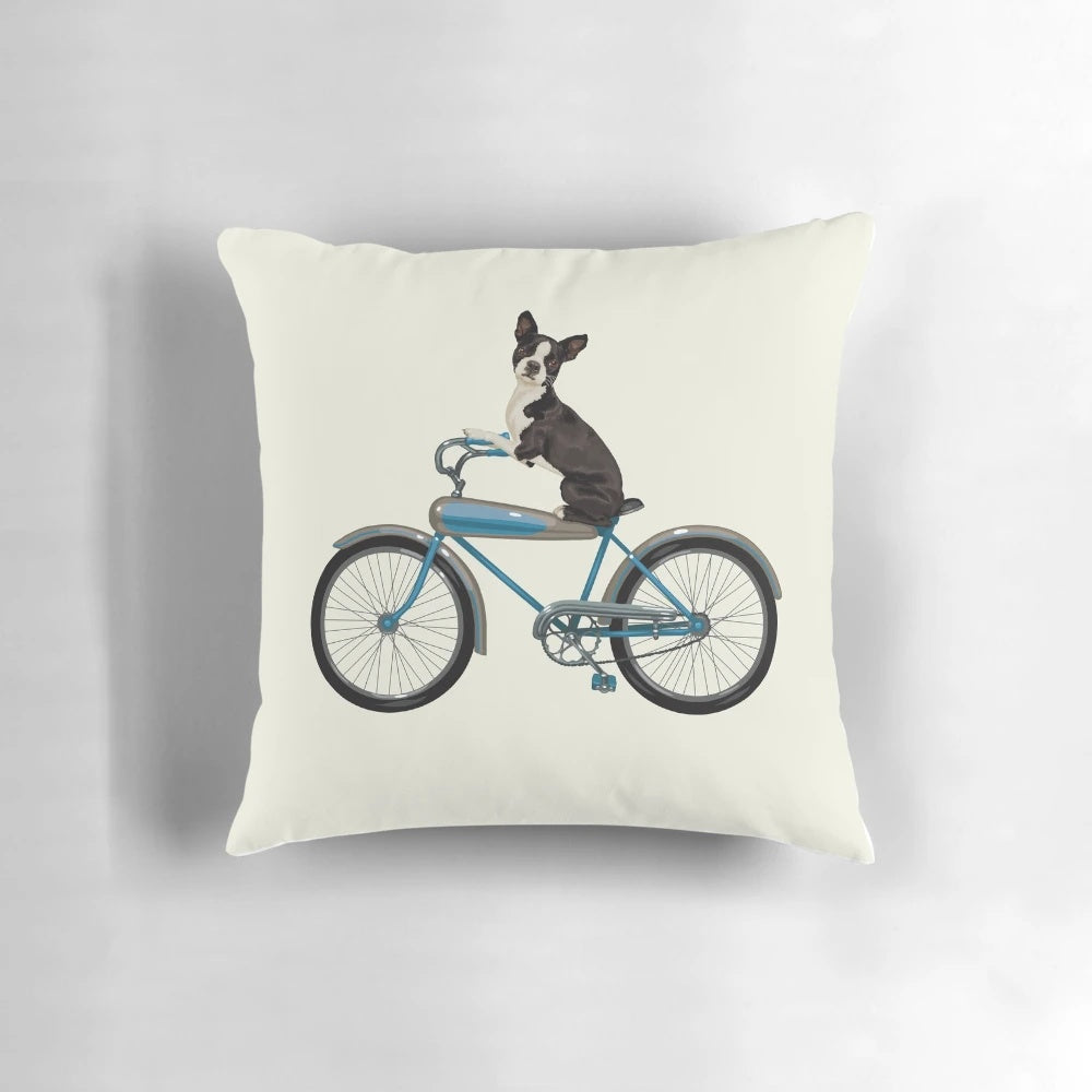 Vintage-style illustration of a Boston Terrier dog riding a bicycle