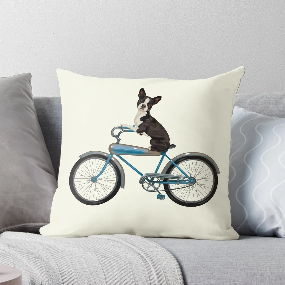 Vintage-style illustration of a Boston Terrier dog riding a bicycle