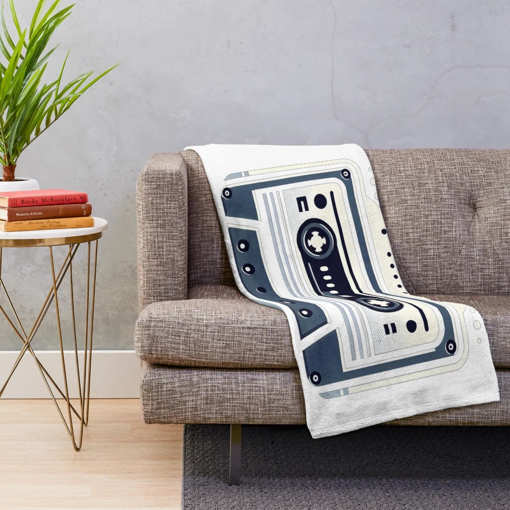 Vintage-style cassette player plush blanket with minimalist design