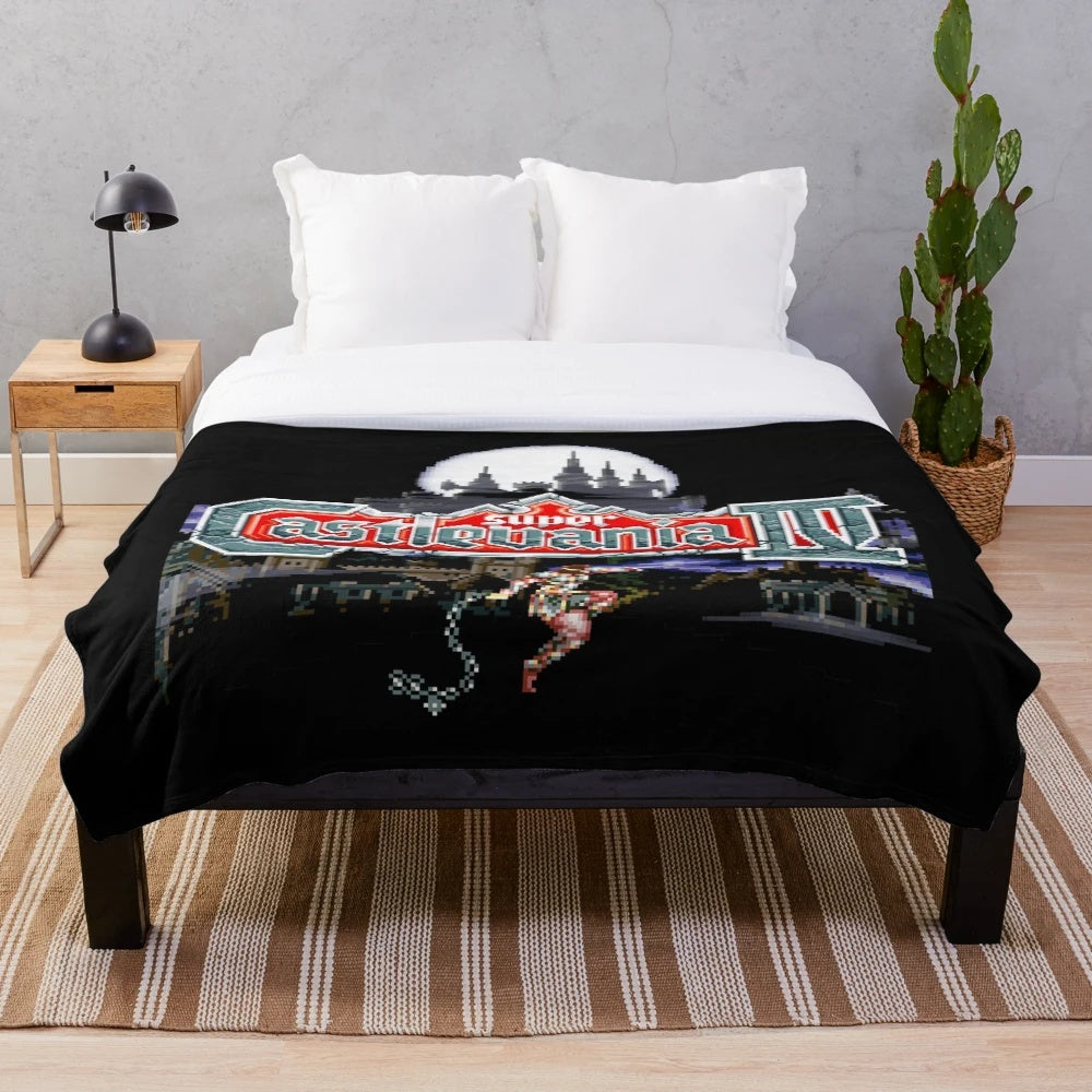 Retro gaming inspired plush blanket with castle moon rise design