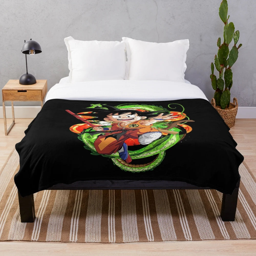Vintage-style dragon ball plush blanket featuring a cute illustration of kid goku