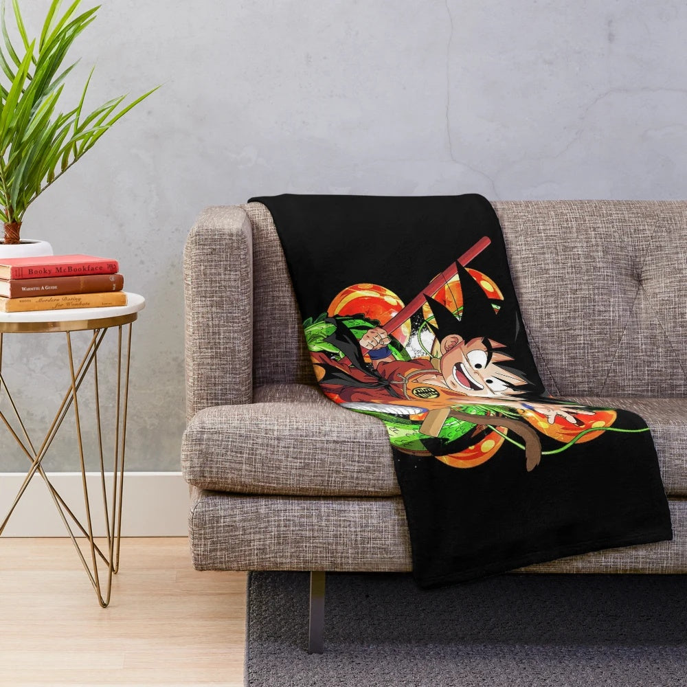 Vintage-style dragon ball plush blanket featuring a cute illustration of kid goku