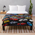 Plush blanket featuring a collage of classic 1980s sports cars in a retro-inspired, synthwave style