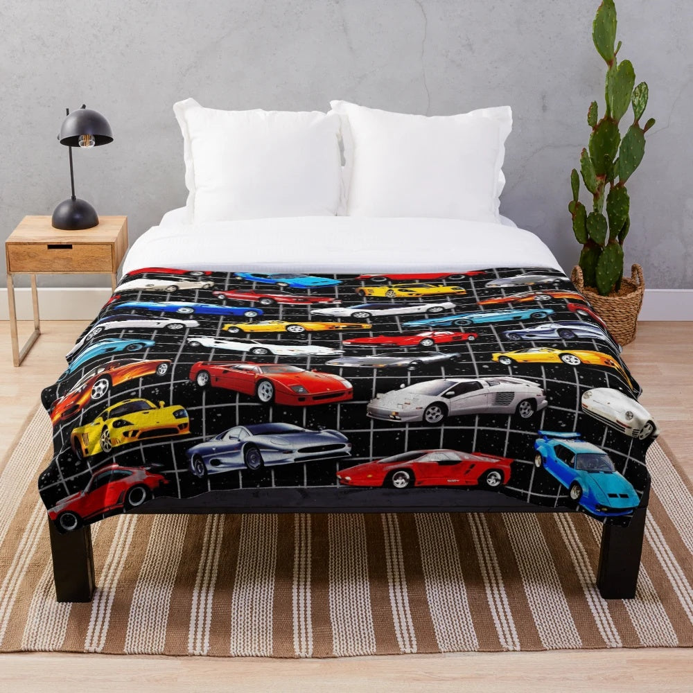 Plush blanket featuring a collage of classic 1980s sports cars in a retro-inspired, synthwave style