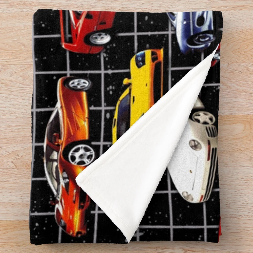 Plush blanket featuring a collage of classic 1980s sports cars in a retro-inspired, synthwave style