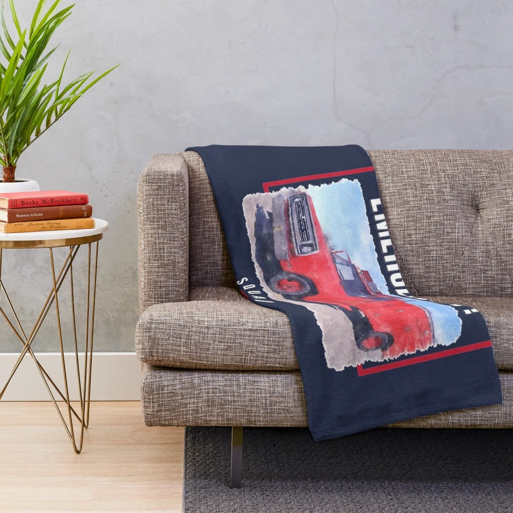 Retro inspired plush blanket featuring the emergency rescue squad 51 firetruck from the 1970s TV drama
