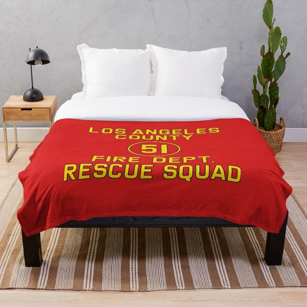Retro-inspired plush blanket featuring the iconic Squad 51 logo from the TV show Emergency!