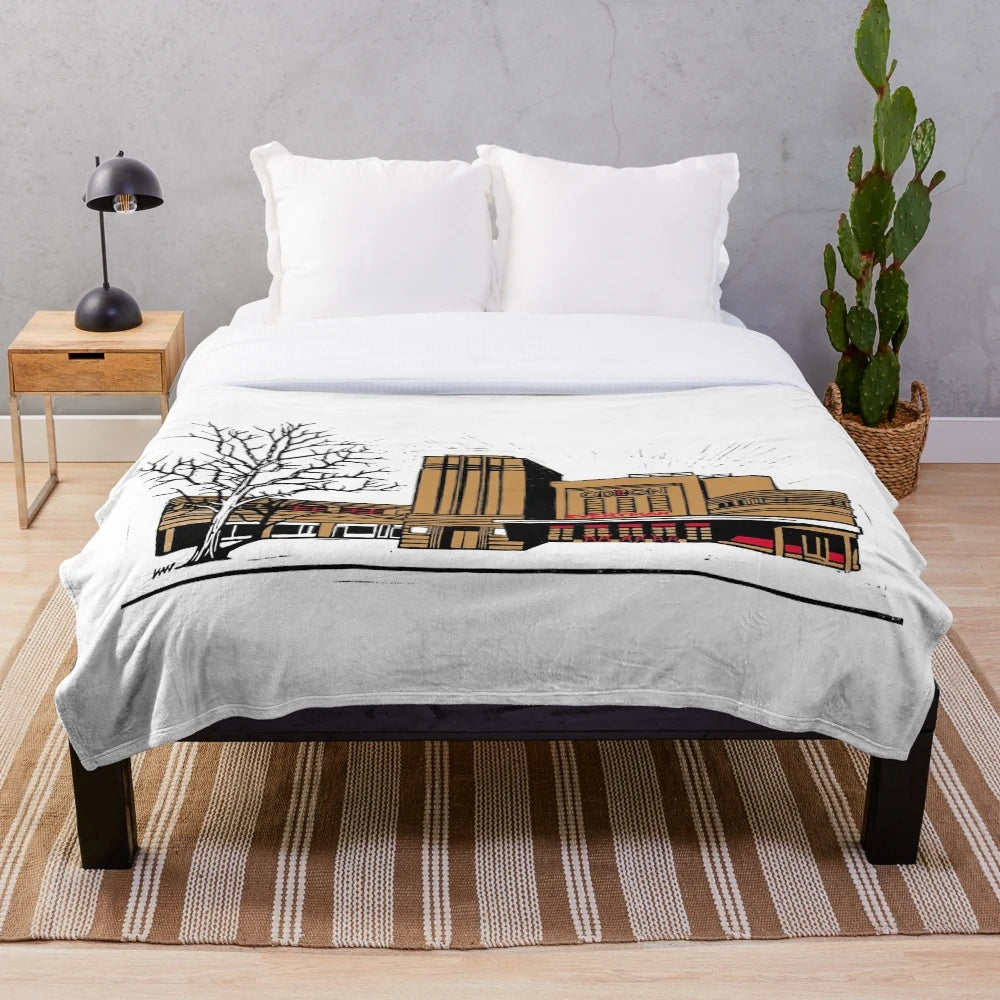Plush blanket featuring the vintage design of the Everyman Cinema in York, England