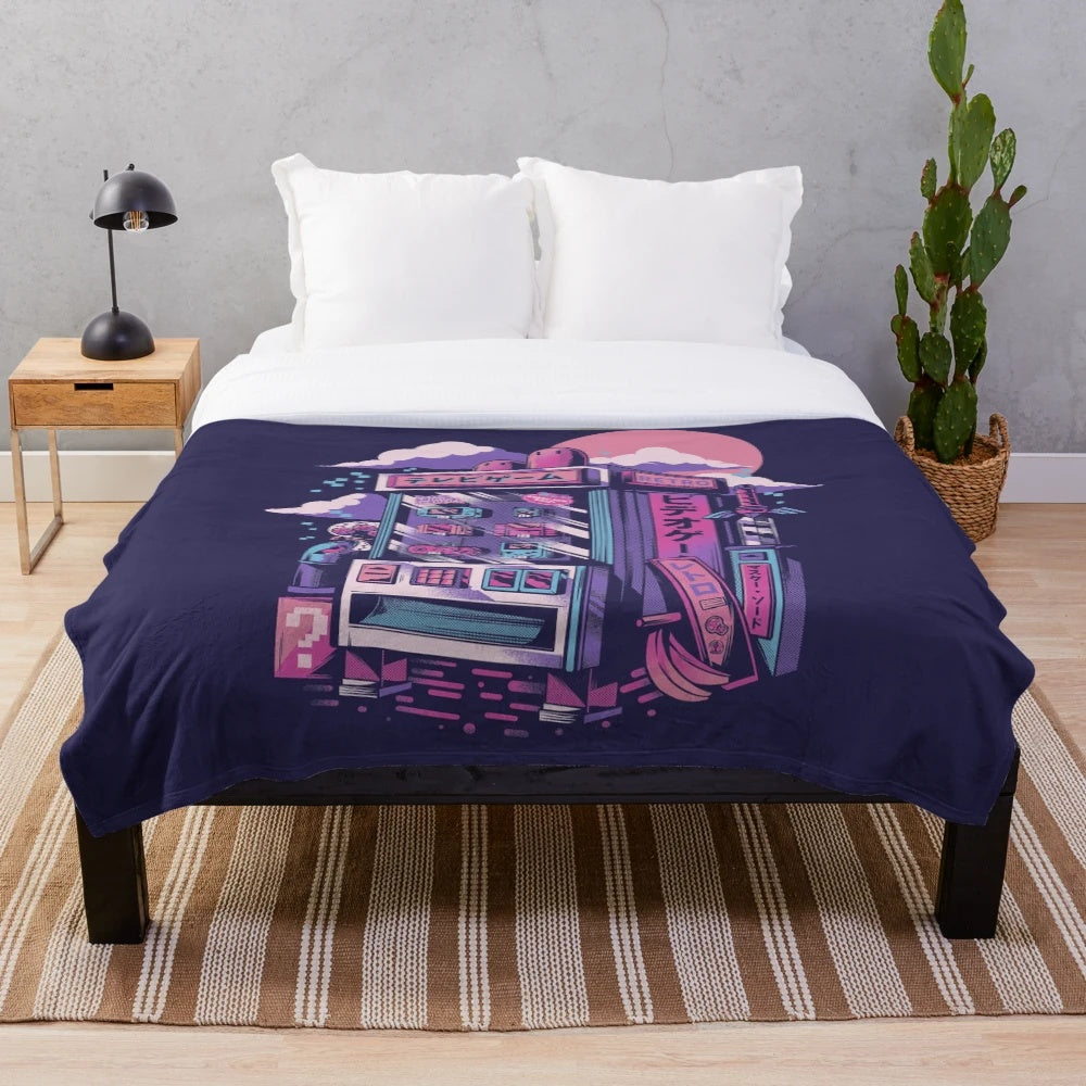 Retro gaming plush blanket with 80s arcade colors and pixel art design