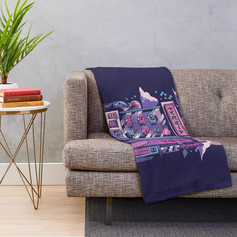Retro gaming plush blanket with 80s arcade colors and pixel art design