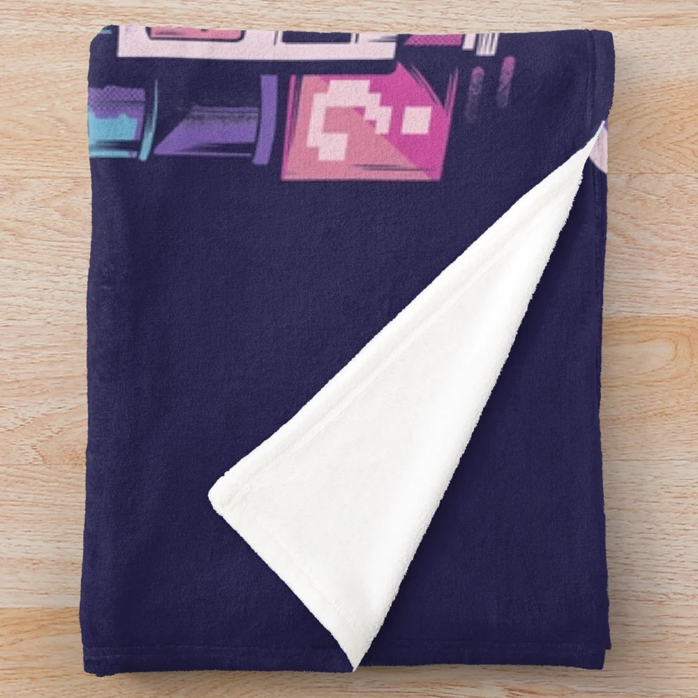 Retro gaming plush blanket with 80s arcade colors and pixel art design