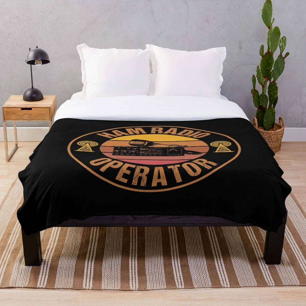 Vintage-style plush blanket featuring a ham radio operator design
