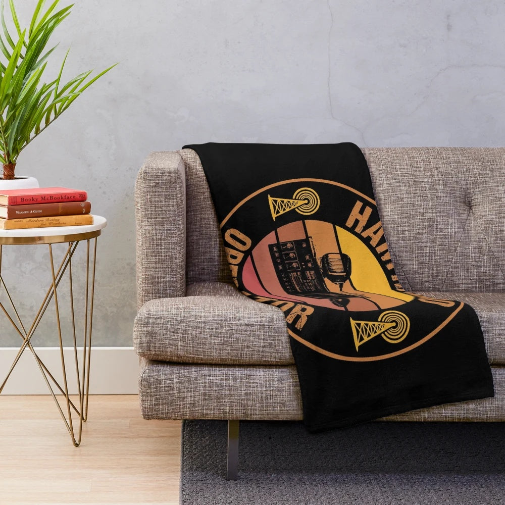 Vintage-style plush blanket featuring a ham radio operator design