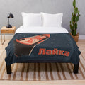 Plush blanket featuring an illustration of the famous Soviet space dog Laika on the Sputnik spacecraft