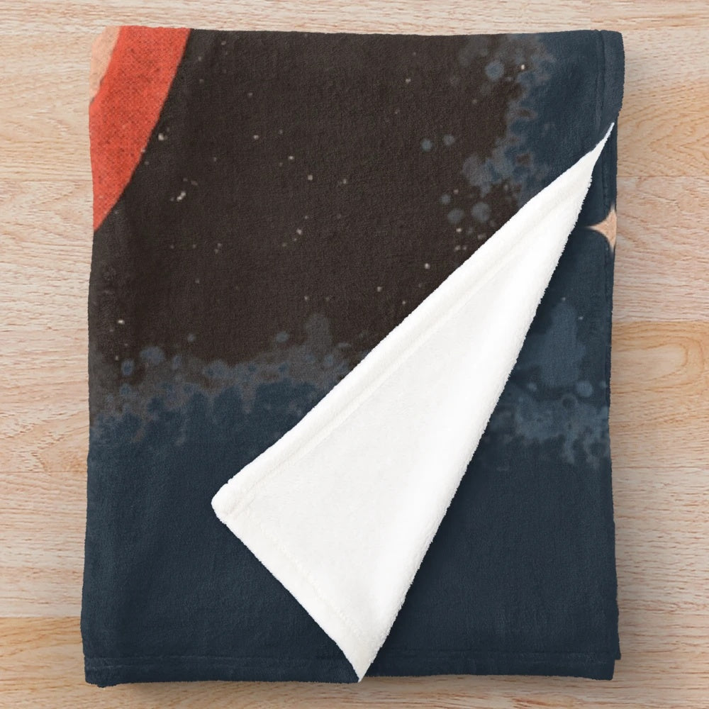 Plush blanket featuring an illustration of the famous Soviet space dog Laika on the Sputnik spacecraft
