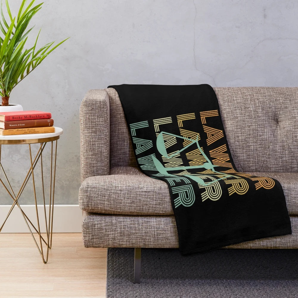 Retro-inspired plush blanket featuring a lawyer, judge, and legal themed design