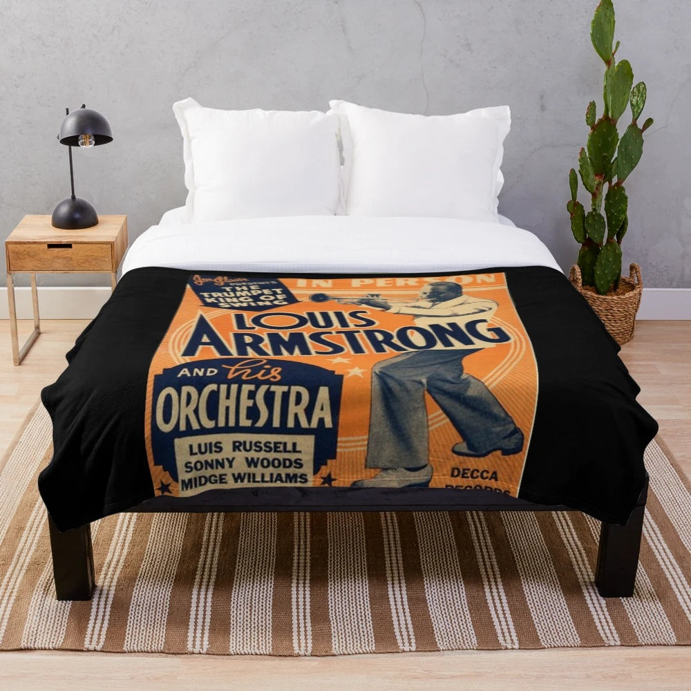 Vintage-style plush blanket featuring jazz icon Louis Armstrong playing the trumpet