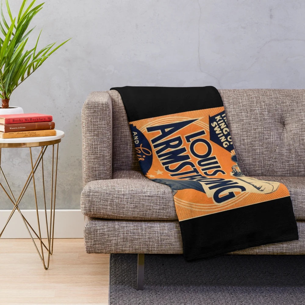 Vintage-style plush blanket featuring jazz icon Louis Armstrong playing the trumpet