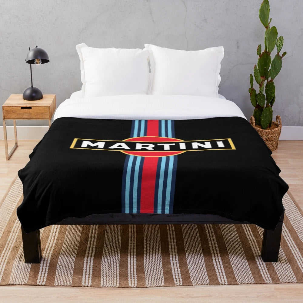 Martini racing stripe plush blanket with retro motorsports design