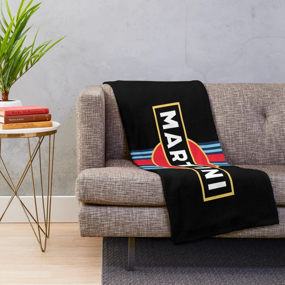 Martini racing stripe plush blanket with retro motorsports design