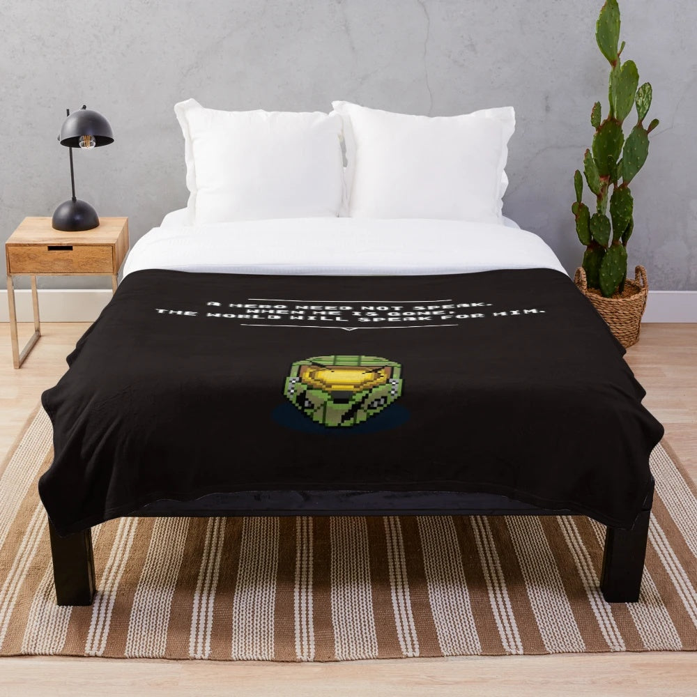 Master Chief helmet-shaped plush blanket with pixel art design