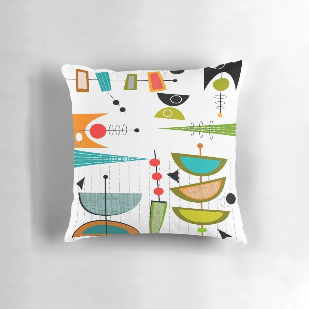 Vibrant abstract pattern in retro mid-century modern style on a plush throw pillow