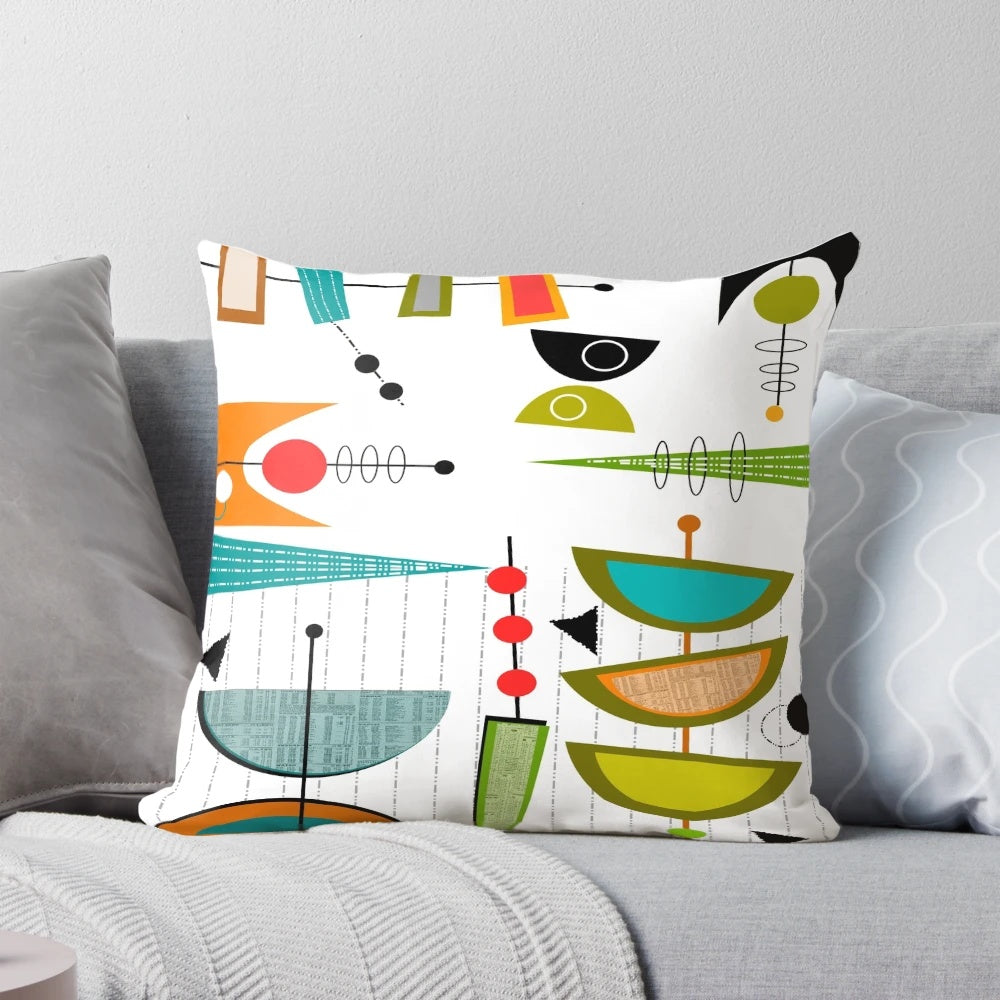 Vibrant abstract pattern in retro mid-century modern style on a plush throw pillow