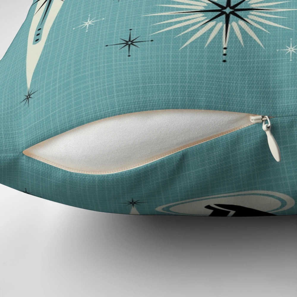 Mid-century inspired throw pillow with atomic cat design in shades of black, gray, and blue