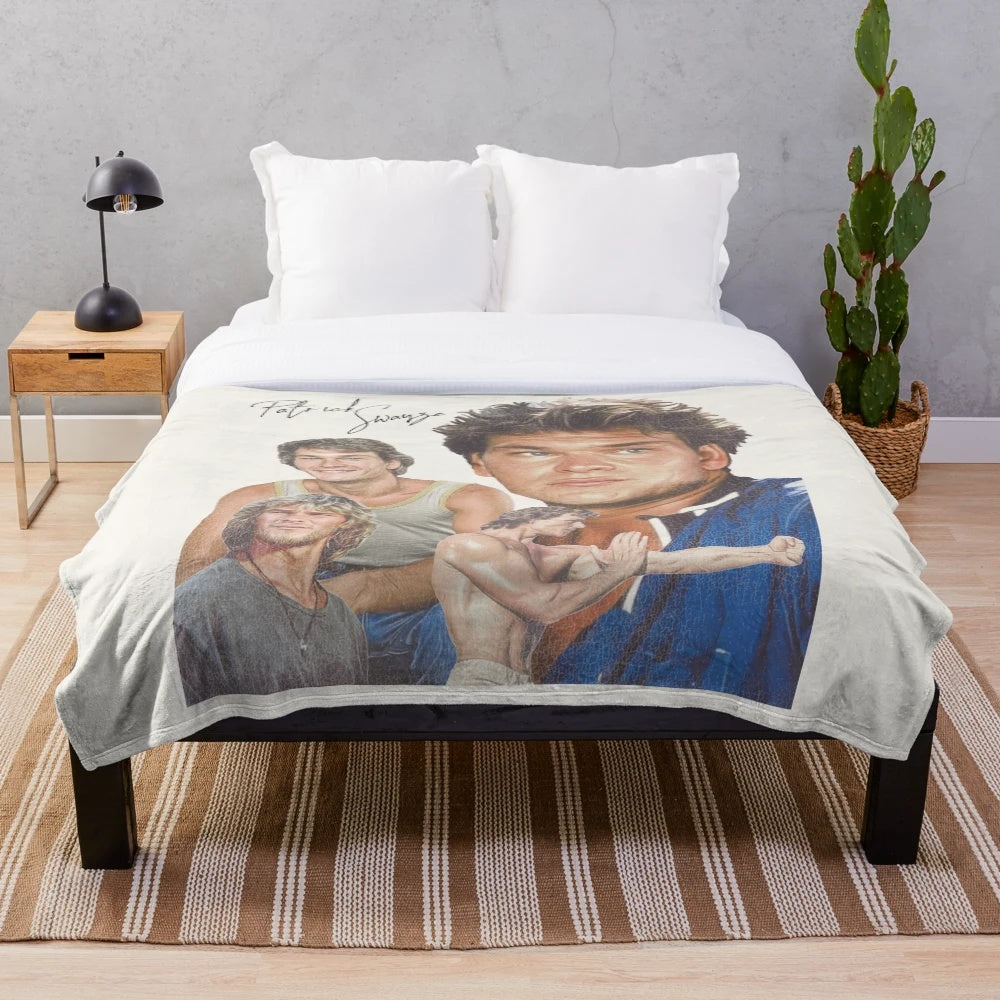 Plush blanket featuring a retro-style tribute to actor Patrick Swayze