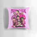 A pink and retro-styled collage pillow featuring actor Pedro Pascal from popular shows like The Mandalorian and The Last of Us.