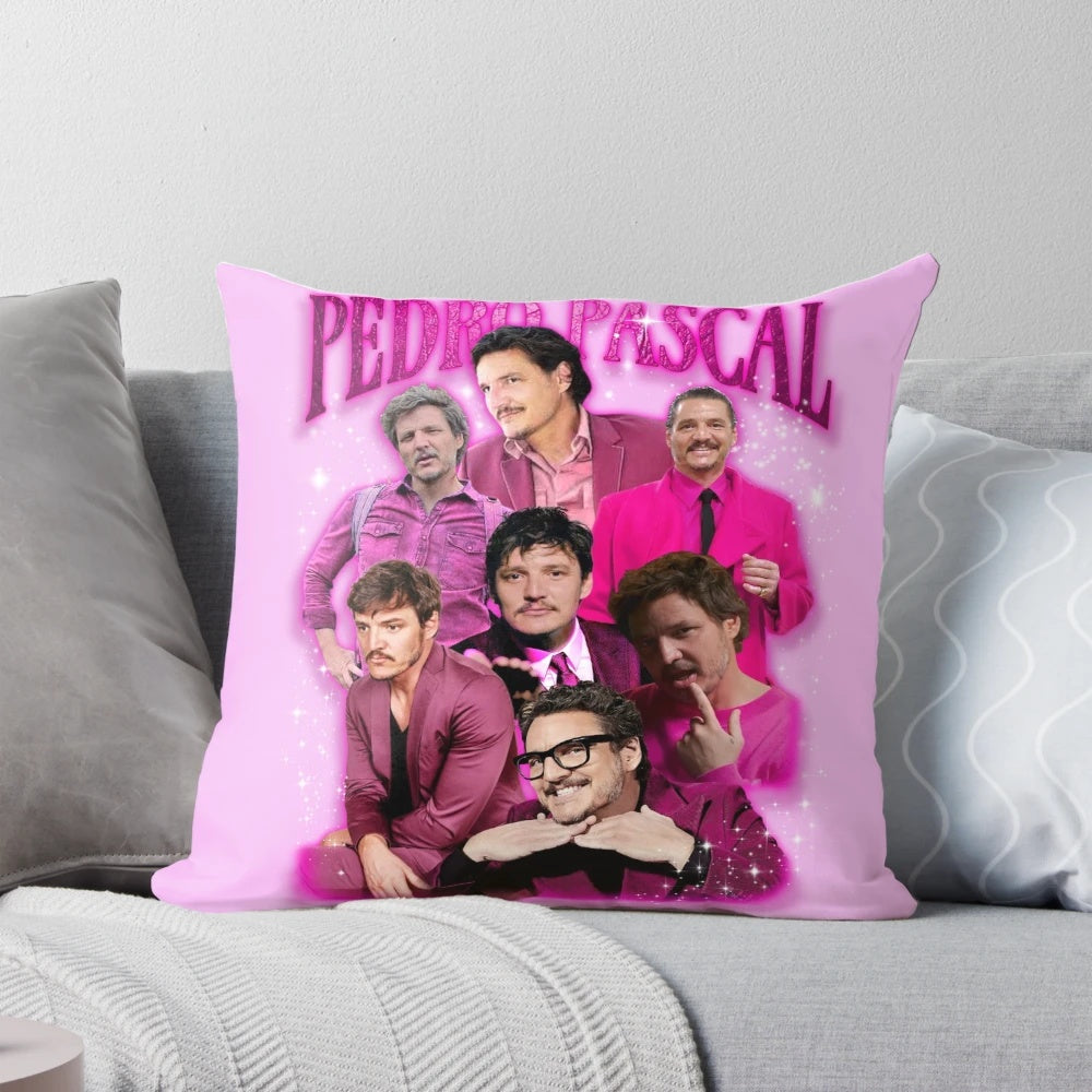 A pink and retro-styled collage pillow featuring actor Pedro Pascal from popular shows like The Mandalorian and The Last of Us.
