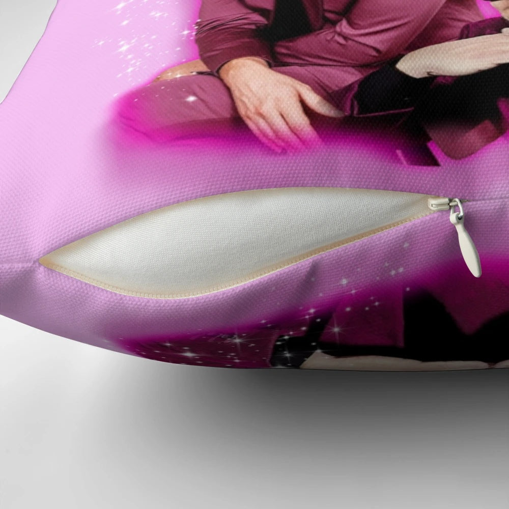 A pink and retro-styled collage pillow featuring actor Pedro Pascal from popular shows like The Mandalorian and The Last of Us.